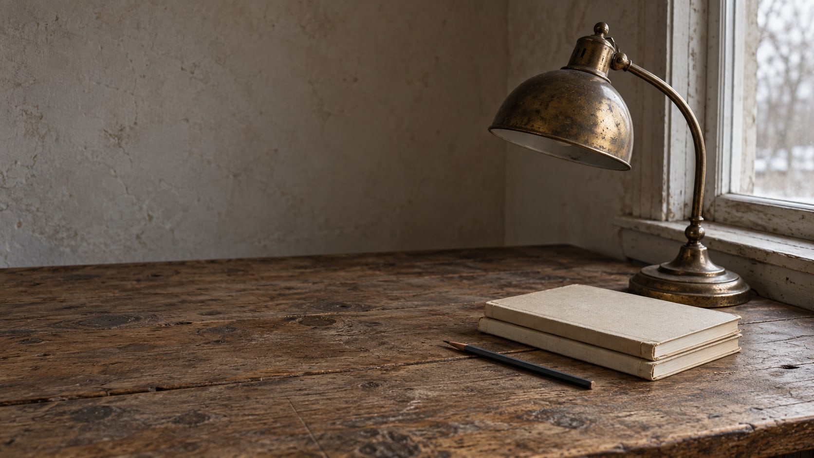 A worn brass desk lamp beside two identical closed notebooks and a pencil on a wooden desk.