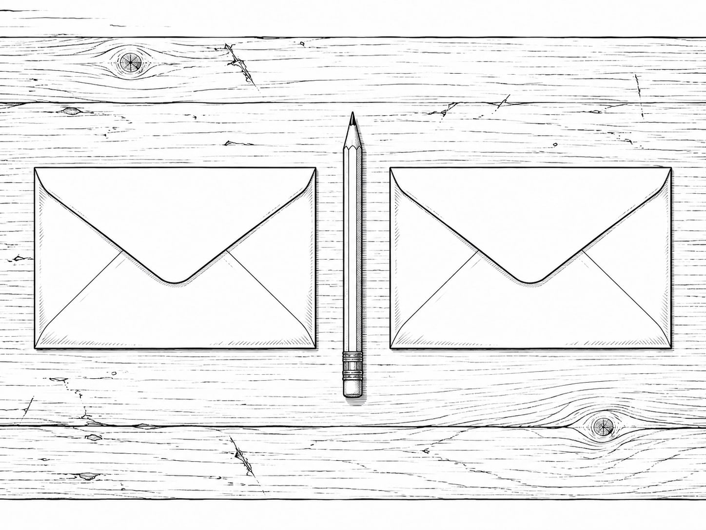 Two identical sealed envelopes lying side by side on a worn wooden desk, with a pencil resting between them.