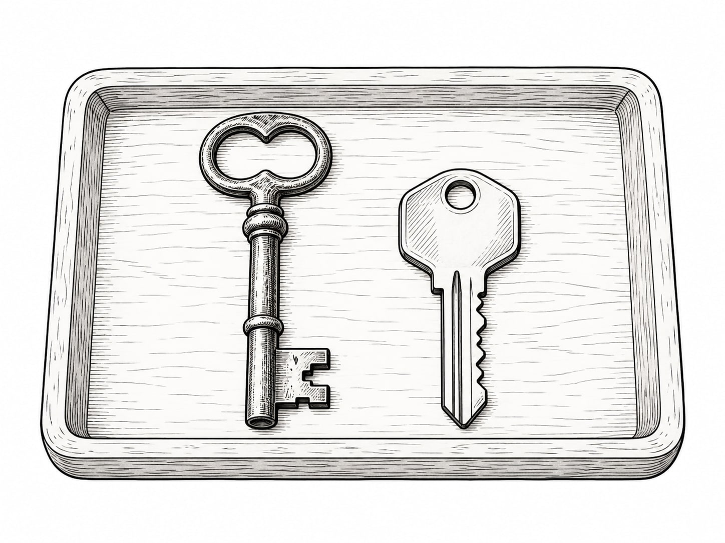 An older brass key and a newer steel key lying side by side on a small wooden tray.