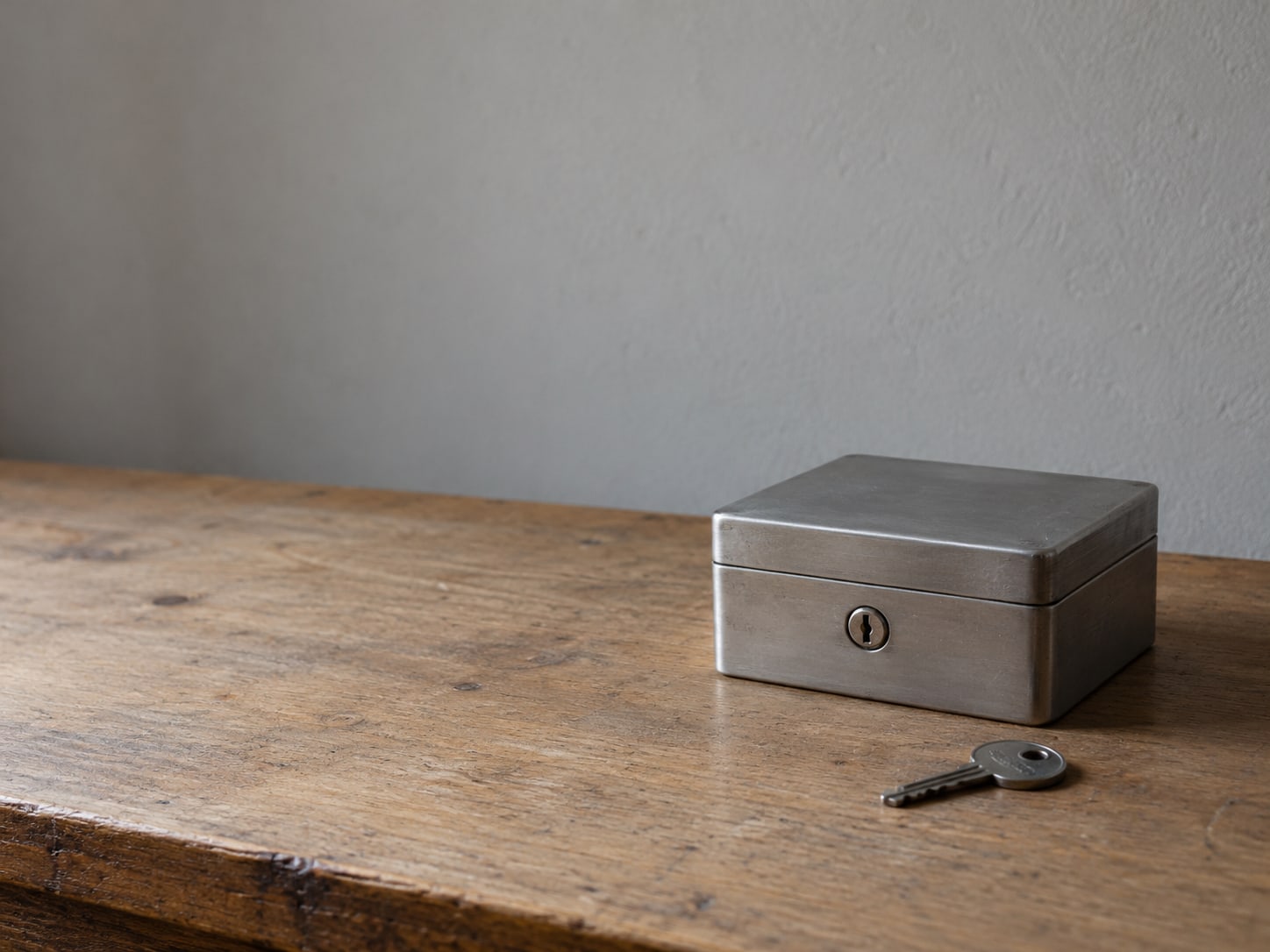 A small closed metal lockbox sitting beside a single spare key on a clean wooden desk.