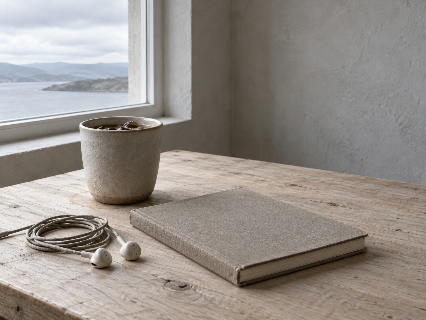 A pair of wired earbuds coiled beside a closed notebook and a cold cup of coffee on a pale wooden table.