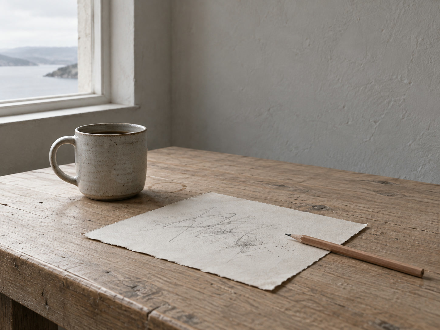 A single sheet of paper with faint, unreadable pencil marks lying beside a ceramic mug and a sharpened pencil on a plain oak desk.