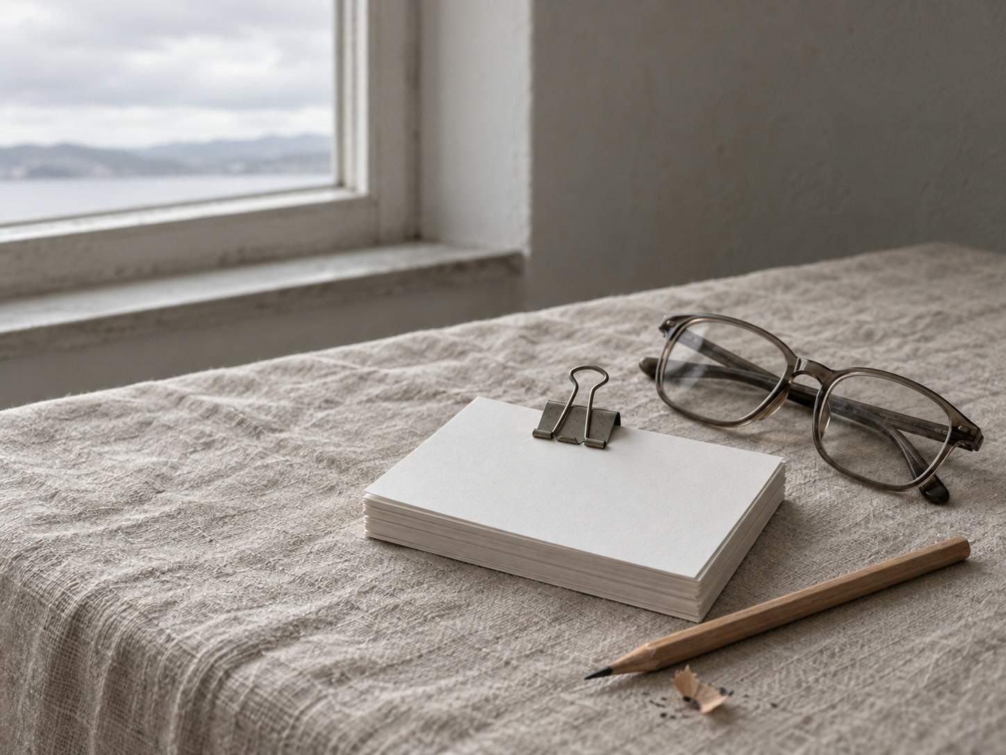 A stack of blank index cards held with a binder clip beside a pencil and a folded pair of reading glasses on a linen tablecloth.