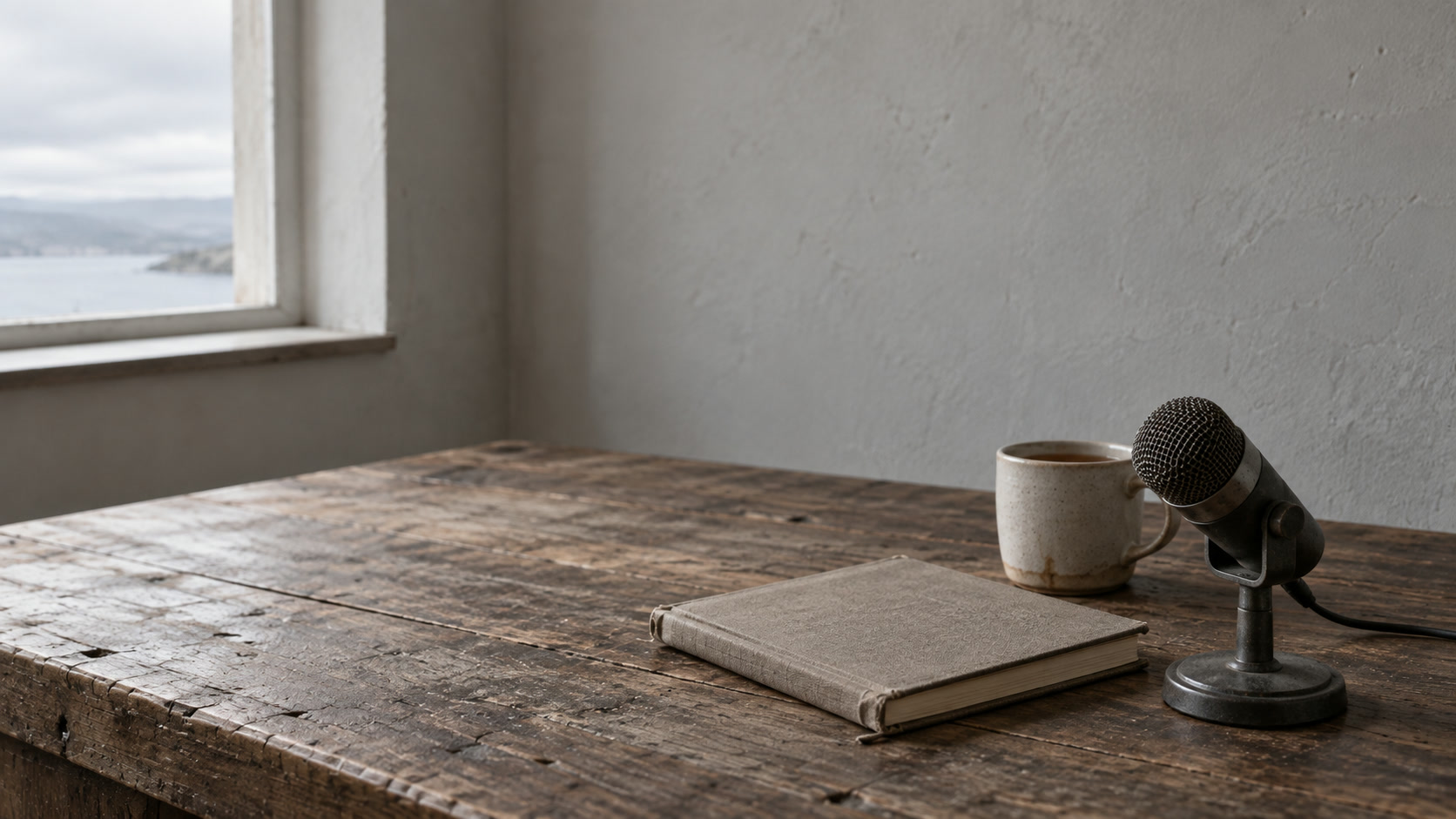 A small desk microphone switched off beside a closed notebook and a cup of tea on a wooden table.