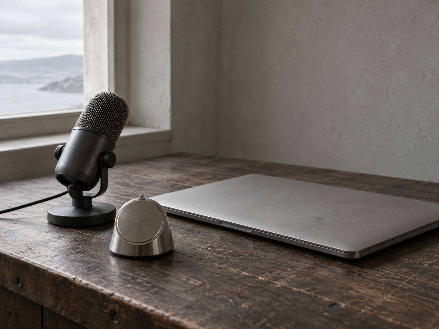 A closed laptop, a small desk microphone and a kitchen timer sitting together on a dark wooden desk.