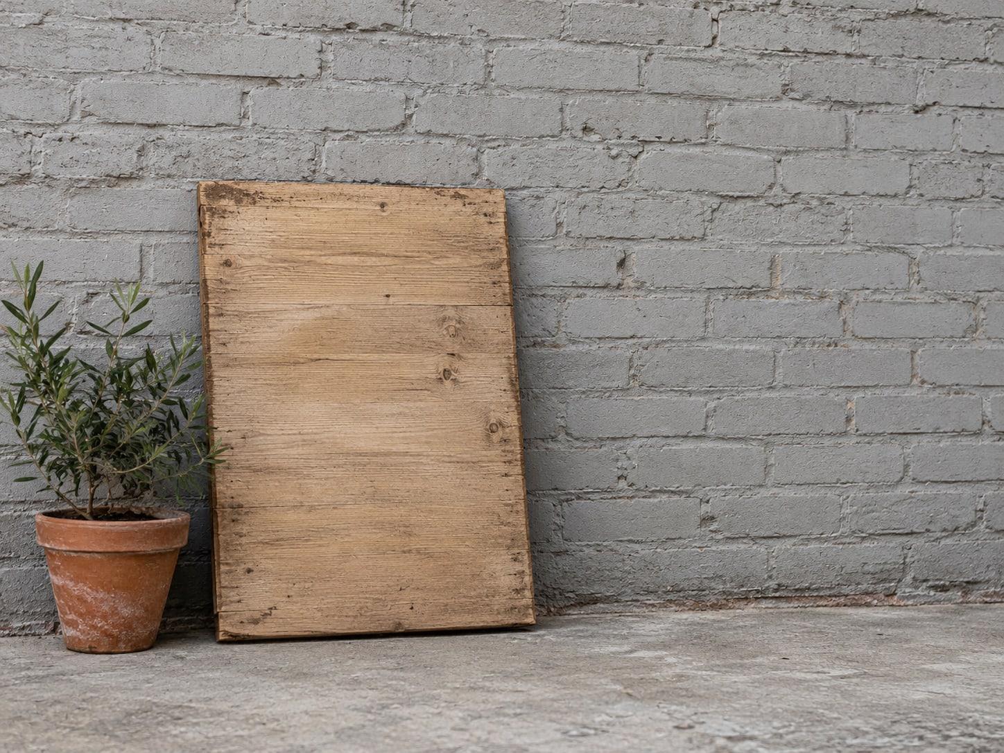A blank wooden sign leaning against a plain brick wall beside a small potted plant.