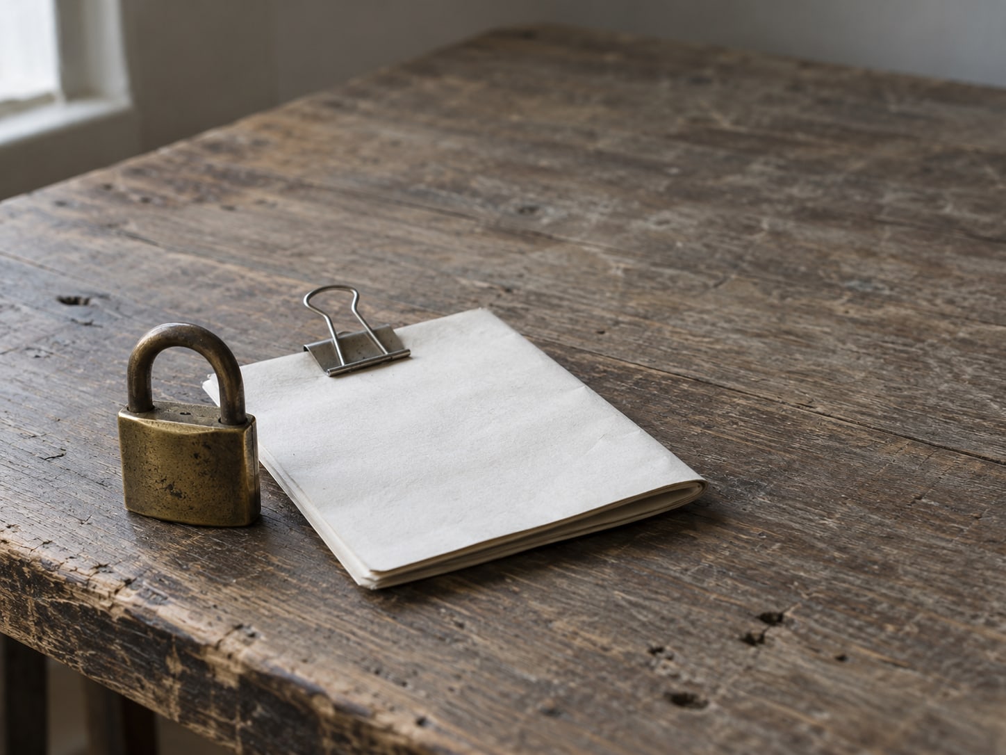 A brass padlock and a folded paper contract clipped together on a wooden table.