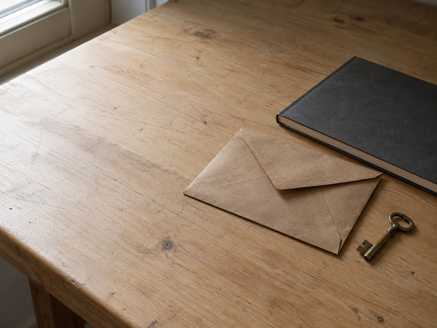 A sealed brown envelope and a small brass key on a clean desk beside a closed notebook.