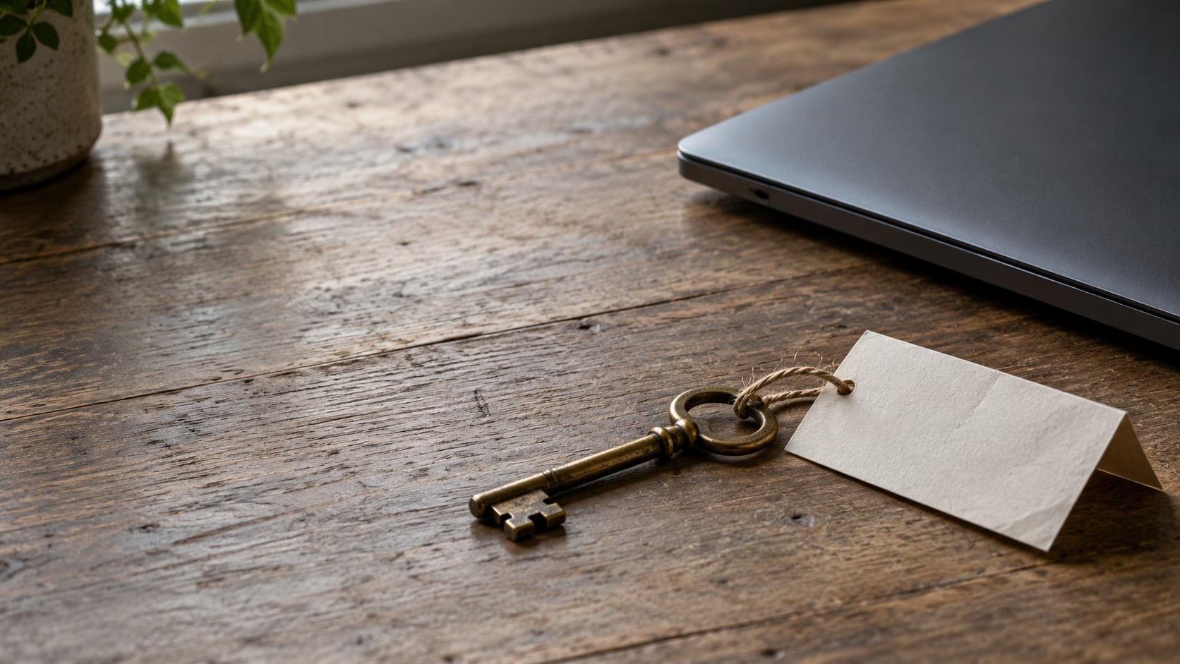 A weathered brass key and a folded paper tag on a wooden desk beside a closed laptop.