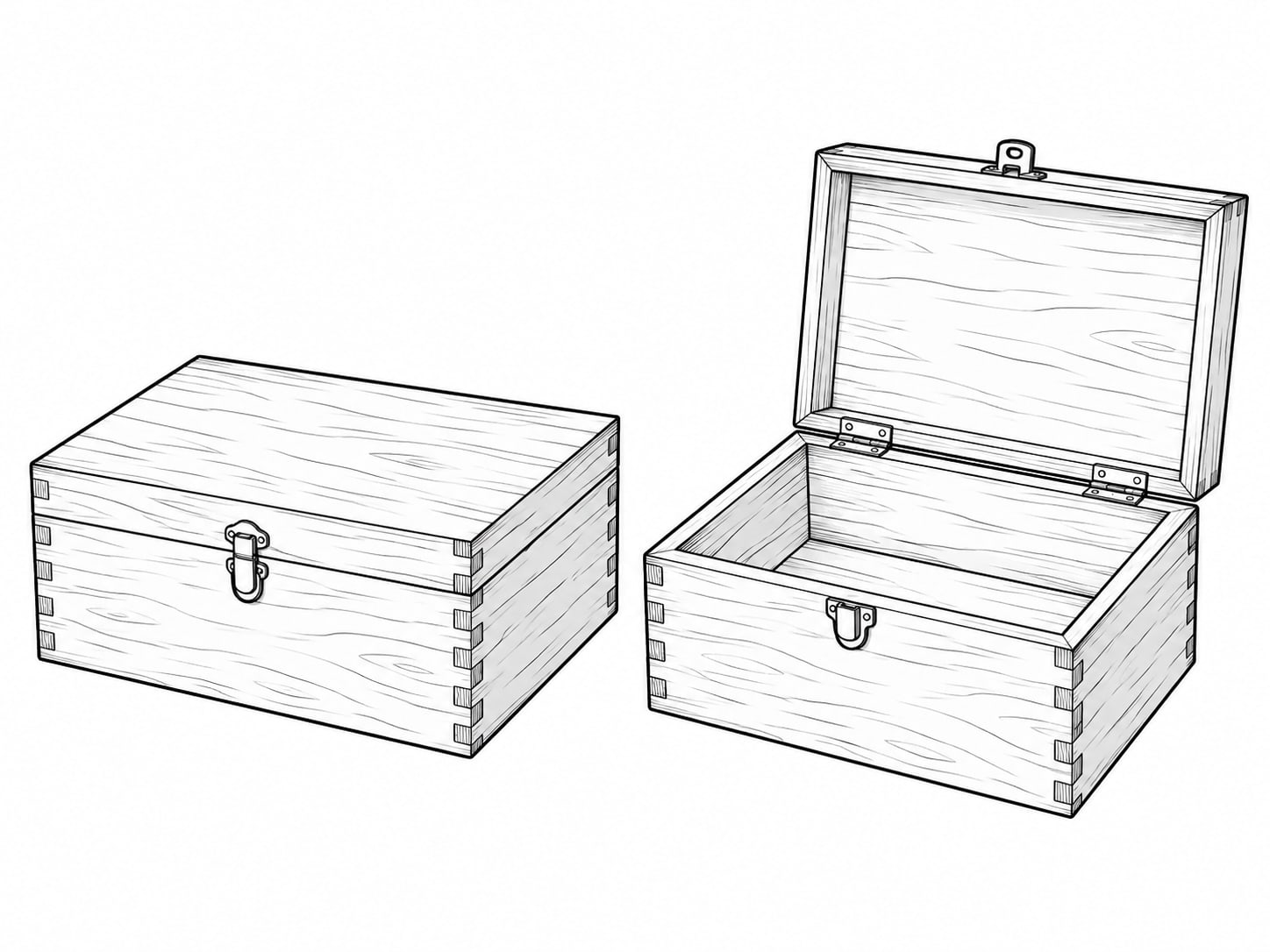A closed wooden box with a small brass latch sitting next to an open empty box on a table.