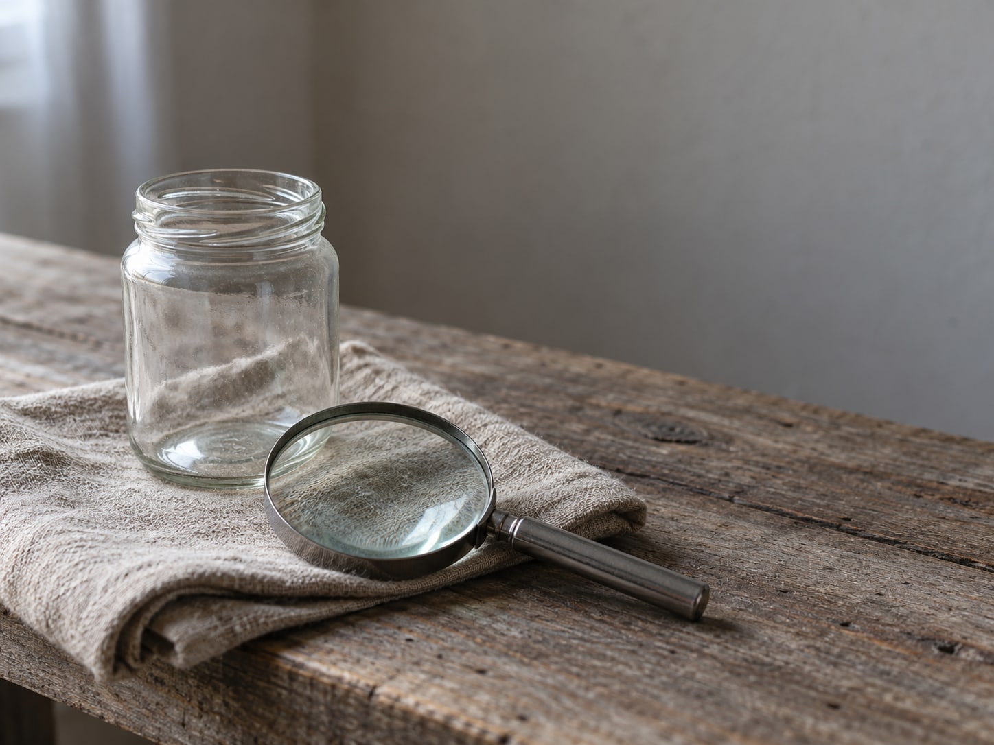 An empty glass jar and a magnifying glass resting on a folded cloth on a bench.