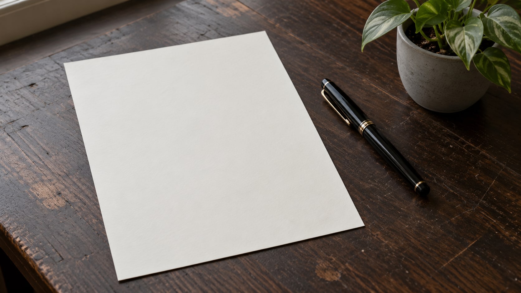 Una sola hoja de papel con membrete en blanco y una pluma fuente cerrada sobre un escritorio de madera ordenado, junto a una pequeña planta en maceta.