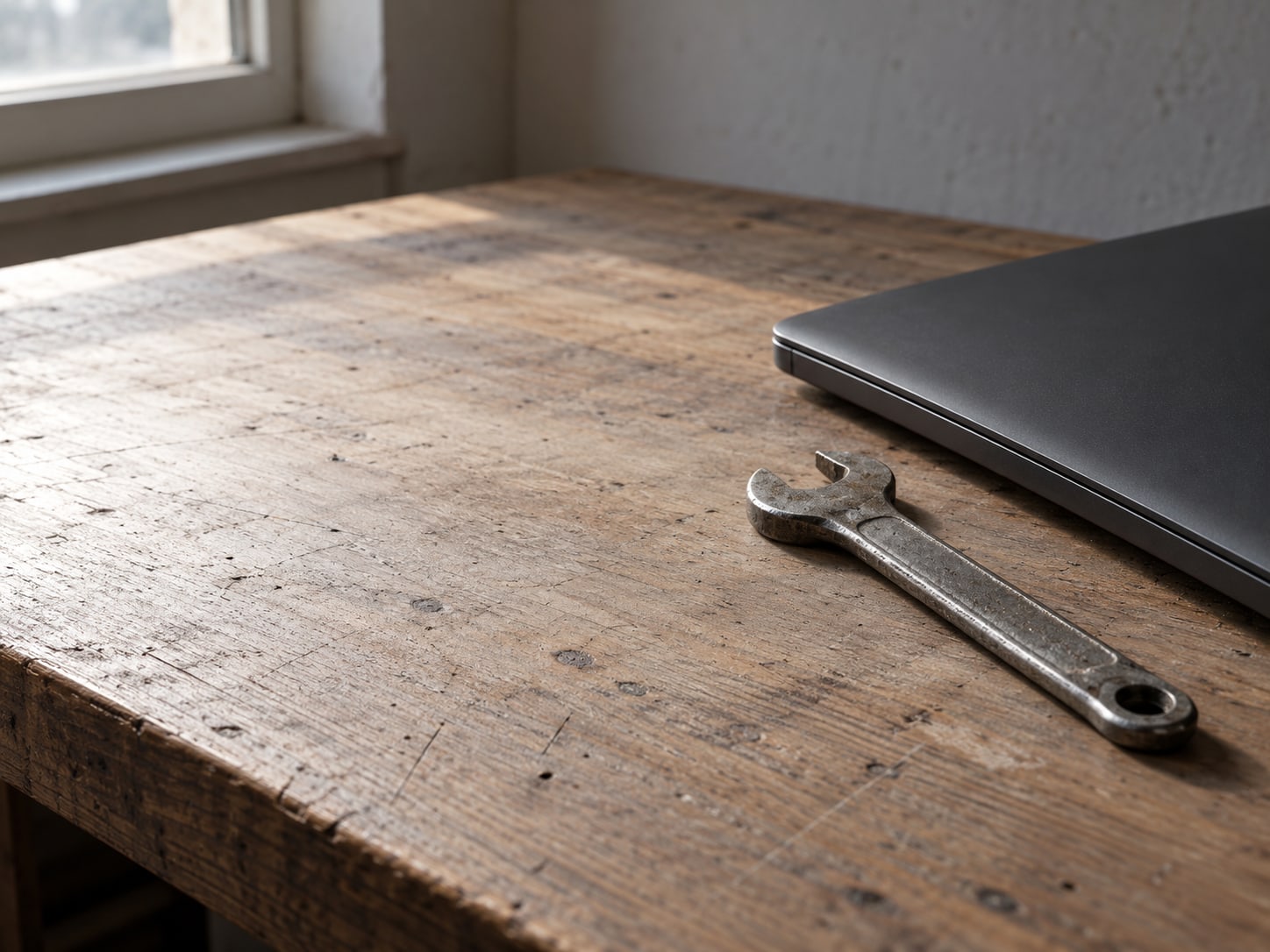 A wrench resting beside a closed laptop on a clean workbench.
