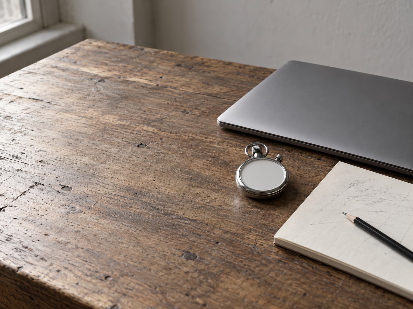 A closed laptop beside a stopwatch and a blank notepad with faint pencil marks on a worn wooden desk.
