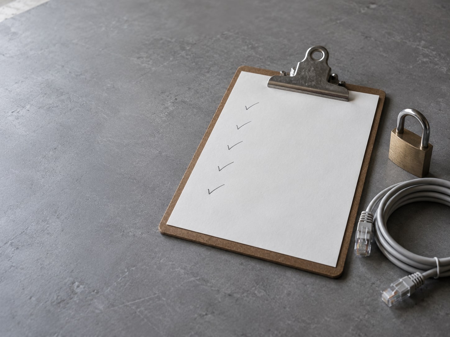 A blank clipboard checklist with pencil ticks beside a small padlock and a coiled network cable on a gray table.