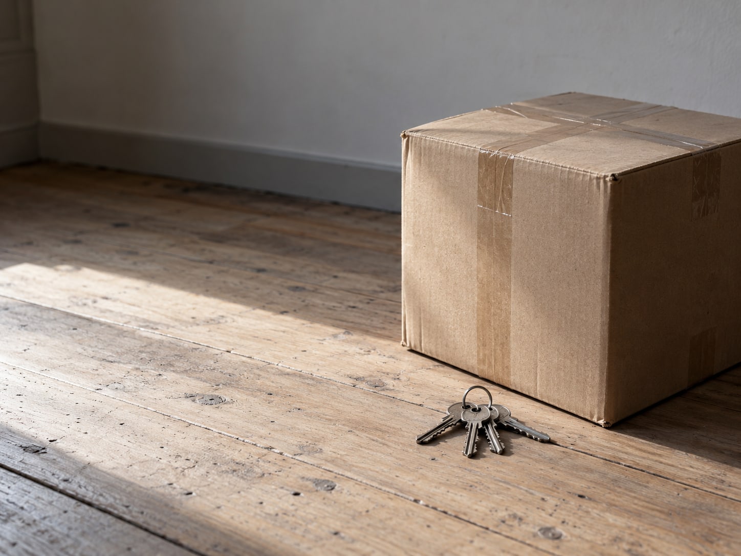 A taped moving crate beside a ring of unmarked keys on a wooden floor.