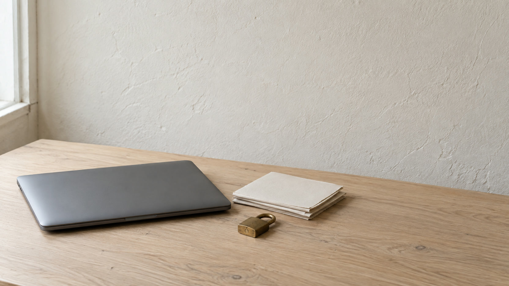 A closed laptop beside a small stack of blank folded papers and a brass padlock on a pale oak desk.