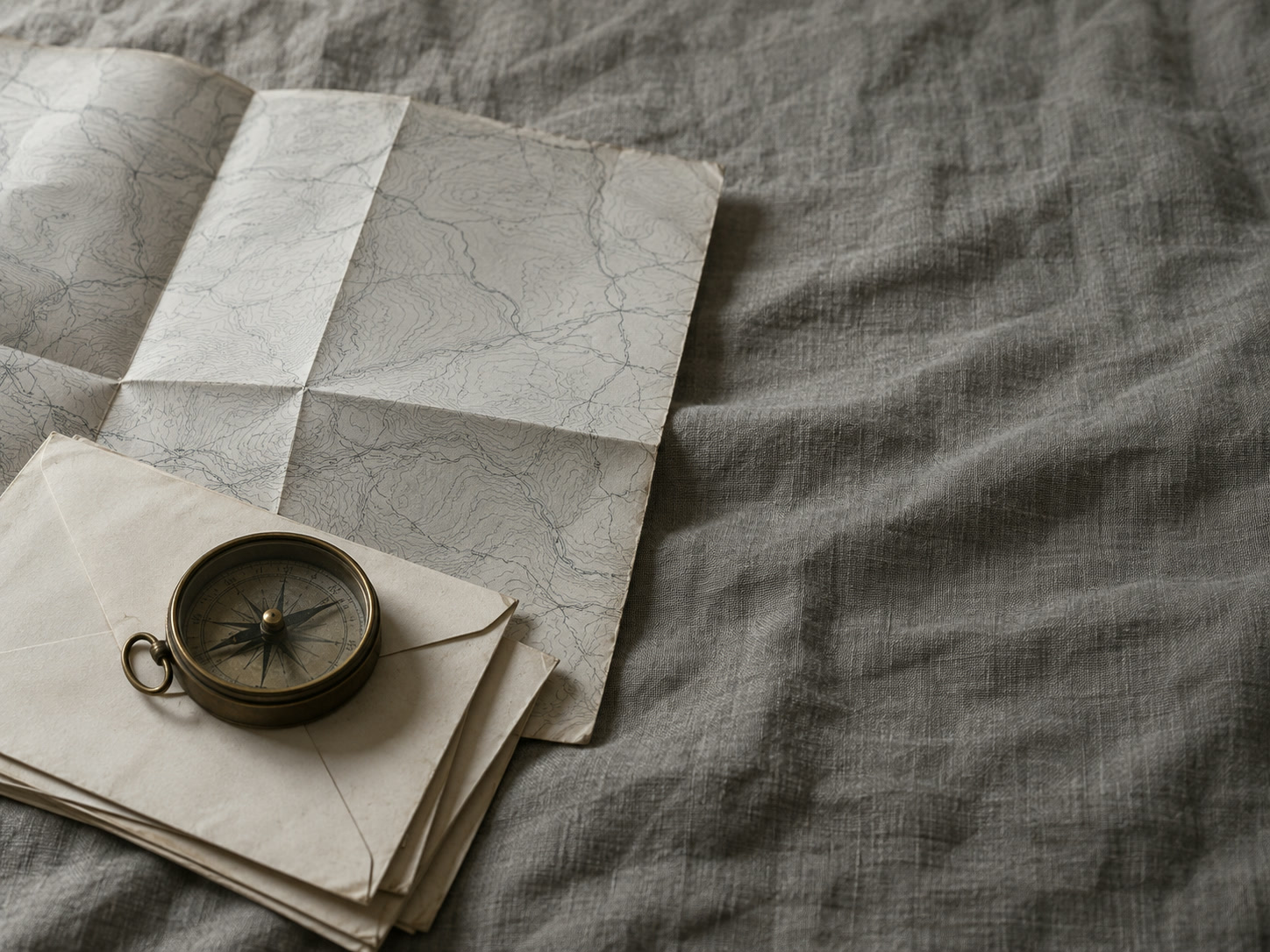 A folded paper map and a small brass compass resting on a stack of blank envelopes on a gray linen cloth.