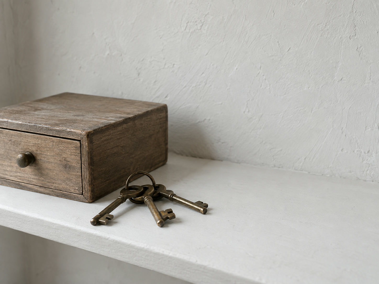 A ring of small brass keys laid beside a closed wooden drawer box on a white shelf.
