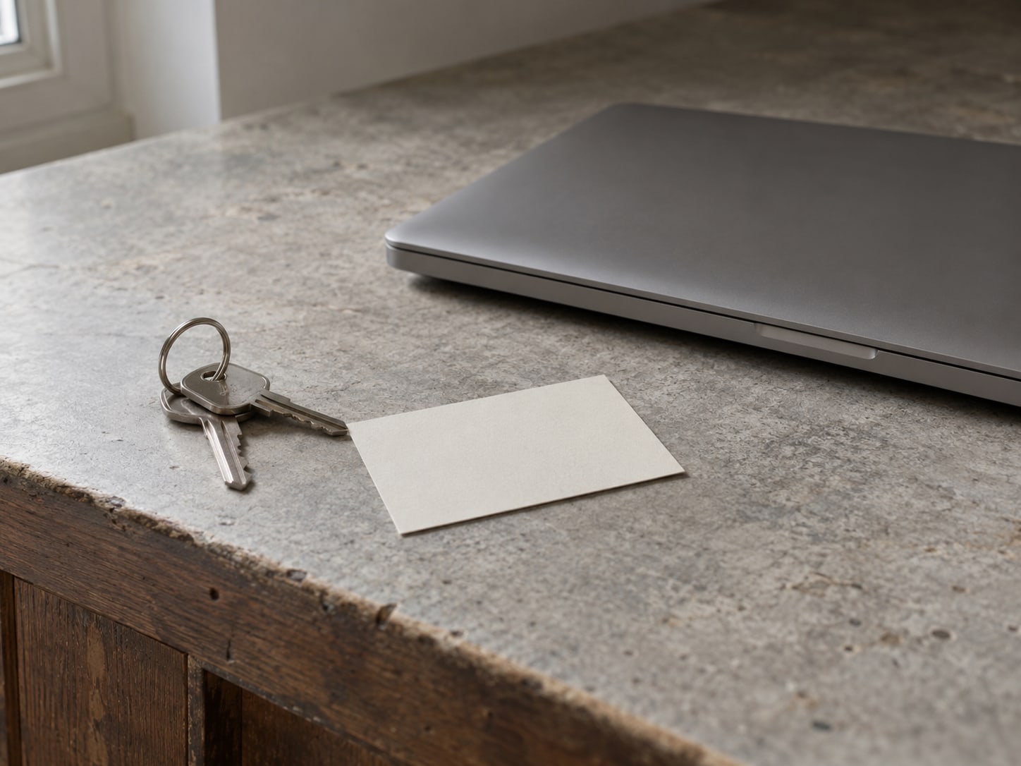 A spare key ring and a blank price card resting beside a closed laptop on a counter.