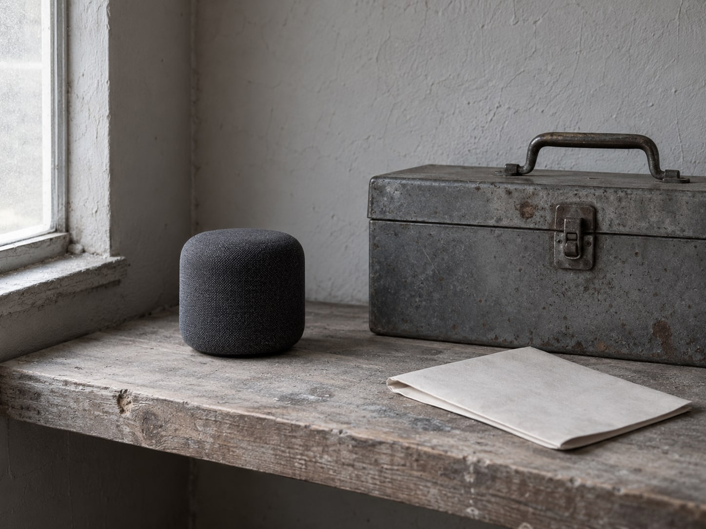 A small smart speaker on a workshop shelf beside a closed toolbox and a folded blank work order.
