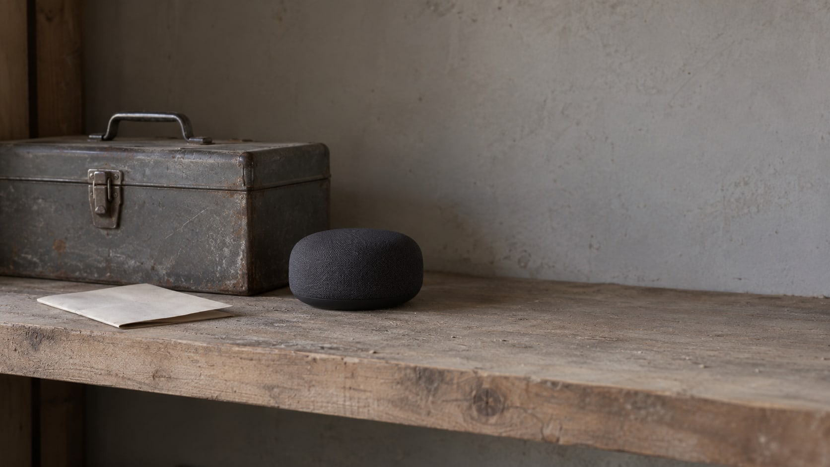 A small smart speaker beside a closed toolbox and a blank work order on a workshop shelf.