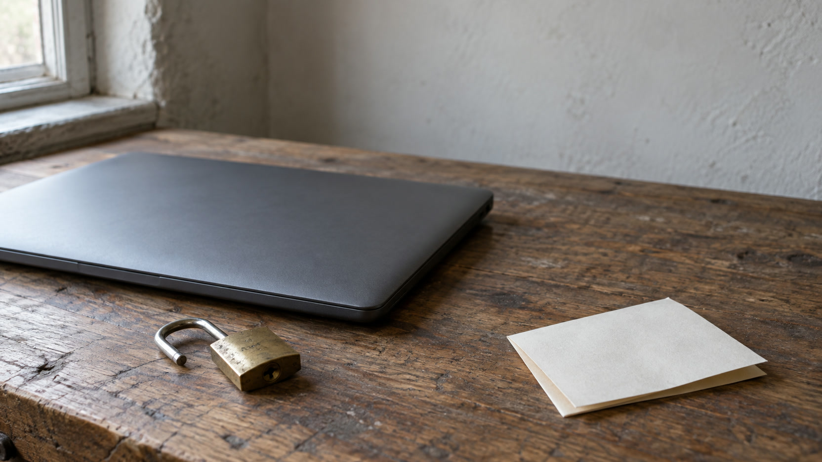 A small brass padlock lying open beside a closed laptop and a folded blank note on a desk.