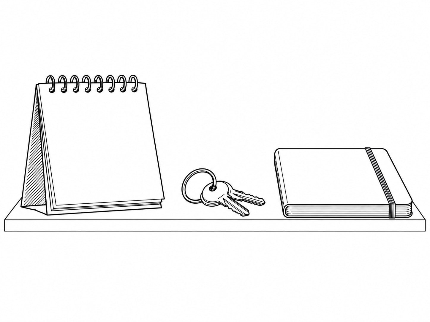 A desk calendar with blank pages beside a set of keys and a closed notebook on a light wooden shelf.