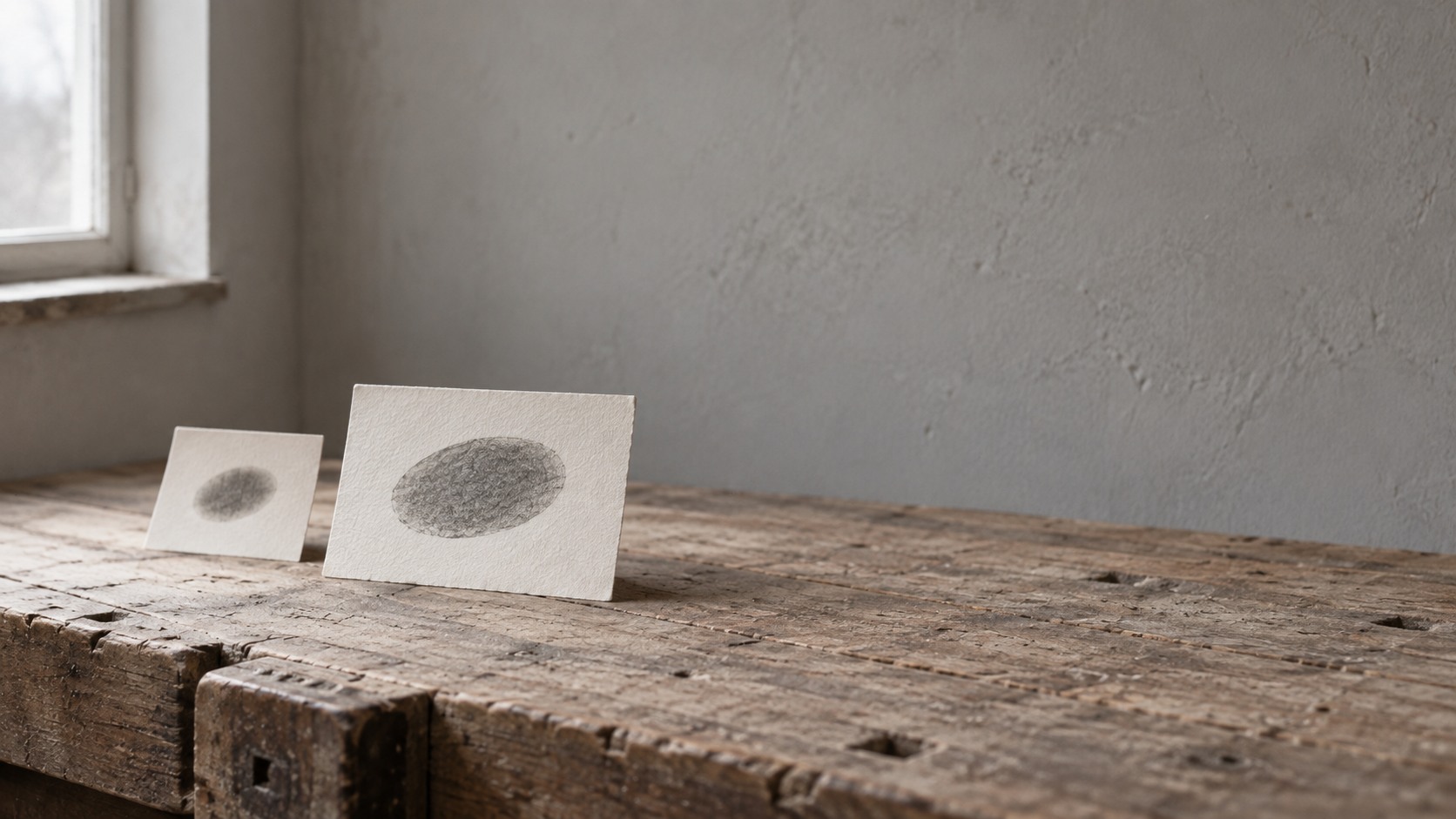 A small, blurry printed logo on a business card beside a crisp enlarged version of the same simple mark.