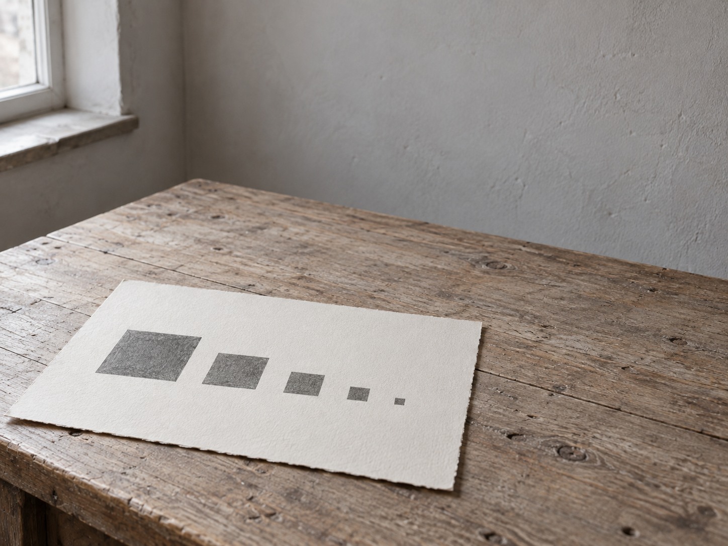 Una hoja de papel con el mismo cuadrado oscuro impreso en cinco tamaños, de grande a diminuto, sobre un escritorio de madera.