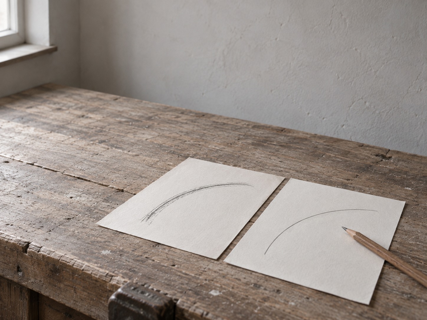 Dos tarjetas lado a lado, una con una curva a lápiz irregular y otra con una sola curva limpia, con un lápiz señalándola.