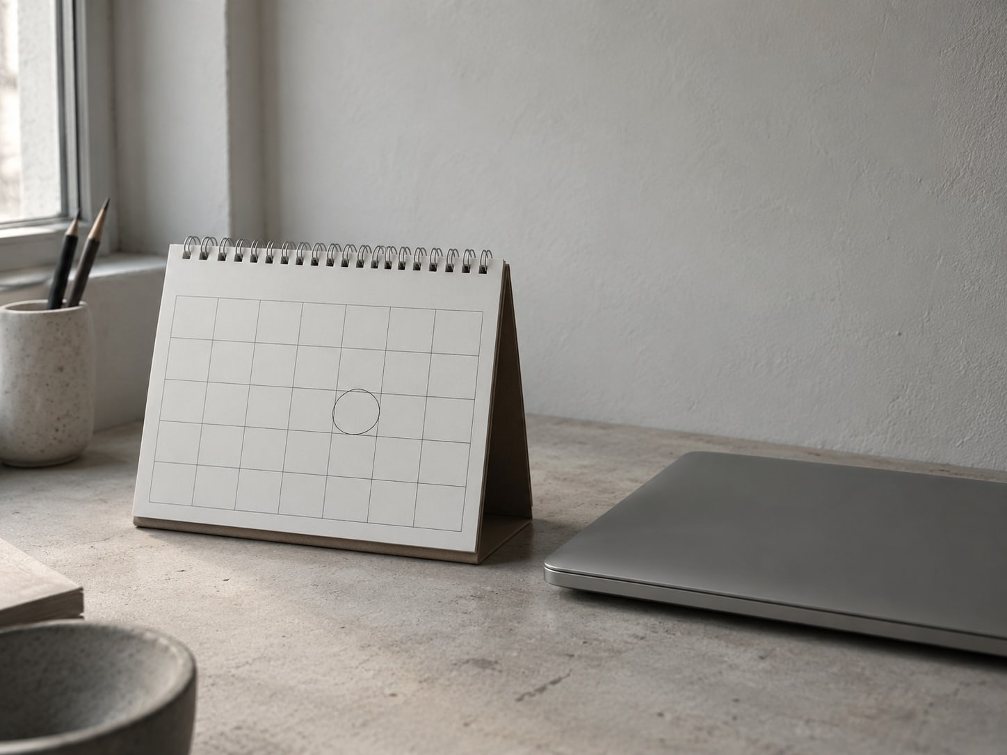 A desk calendar open to a month grid with a single day circled in pencil, beside a closed laptop.