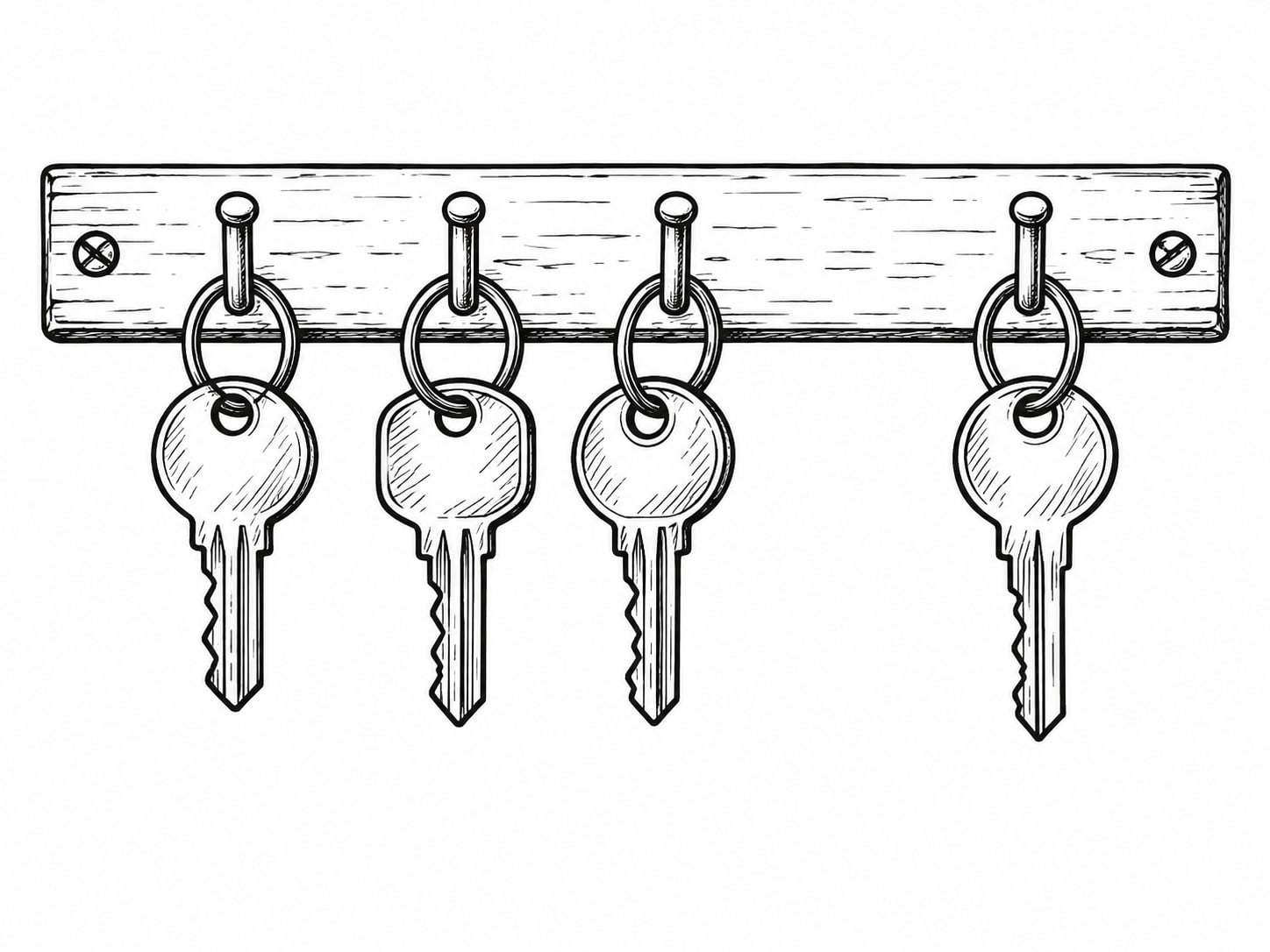 A short row of unlabeled brass keys on a hook board, with one key hanging apart from the others.