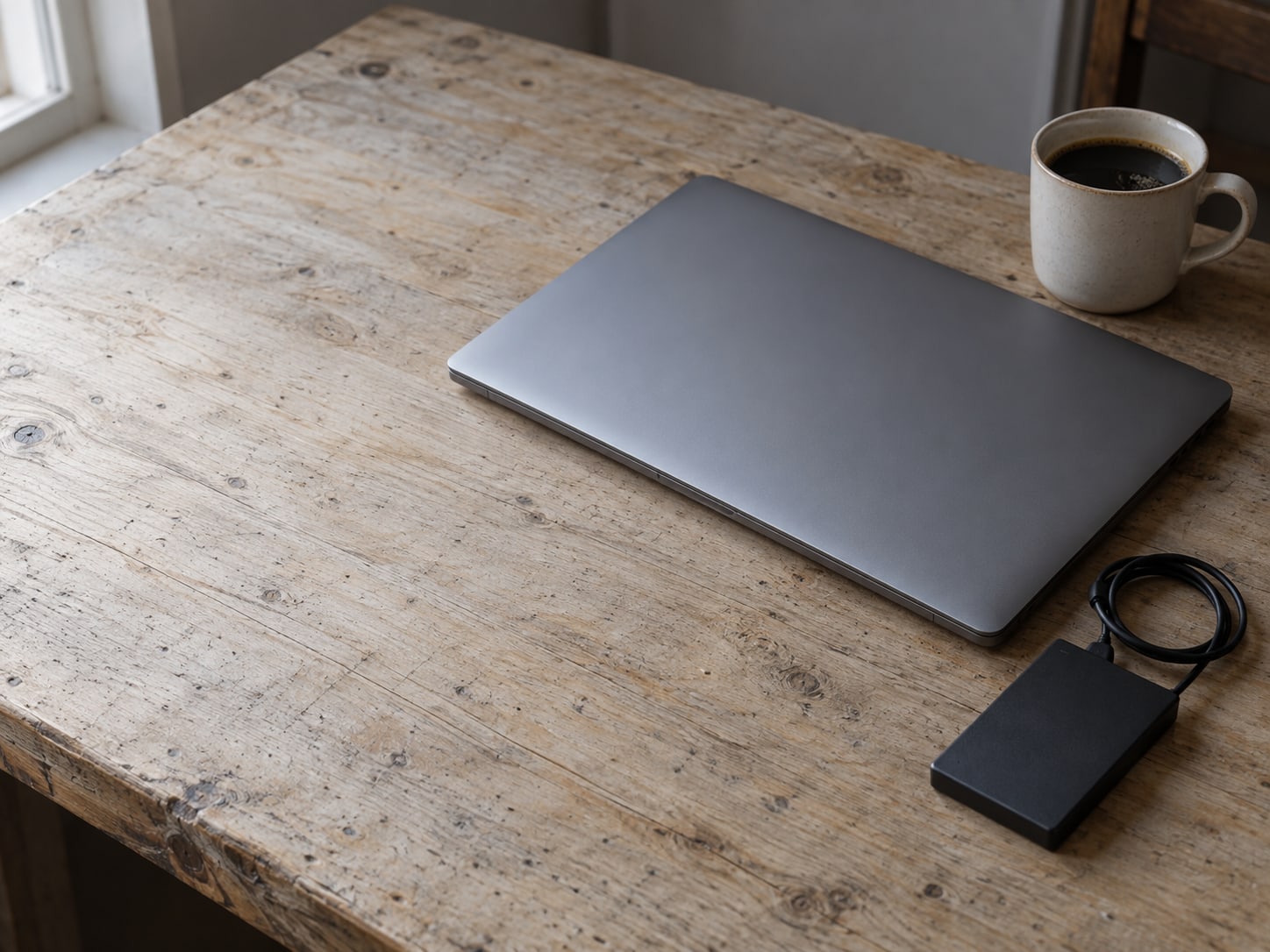 A closed laptop beside a small external backup drive and a cup of coffee on a worn wooden desk.