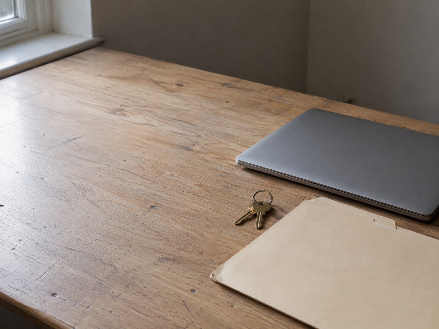 A plain manila folder, a small ring of keys and a closed laptop on an otherwise bare desk.