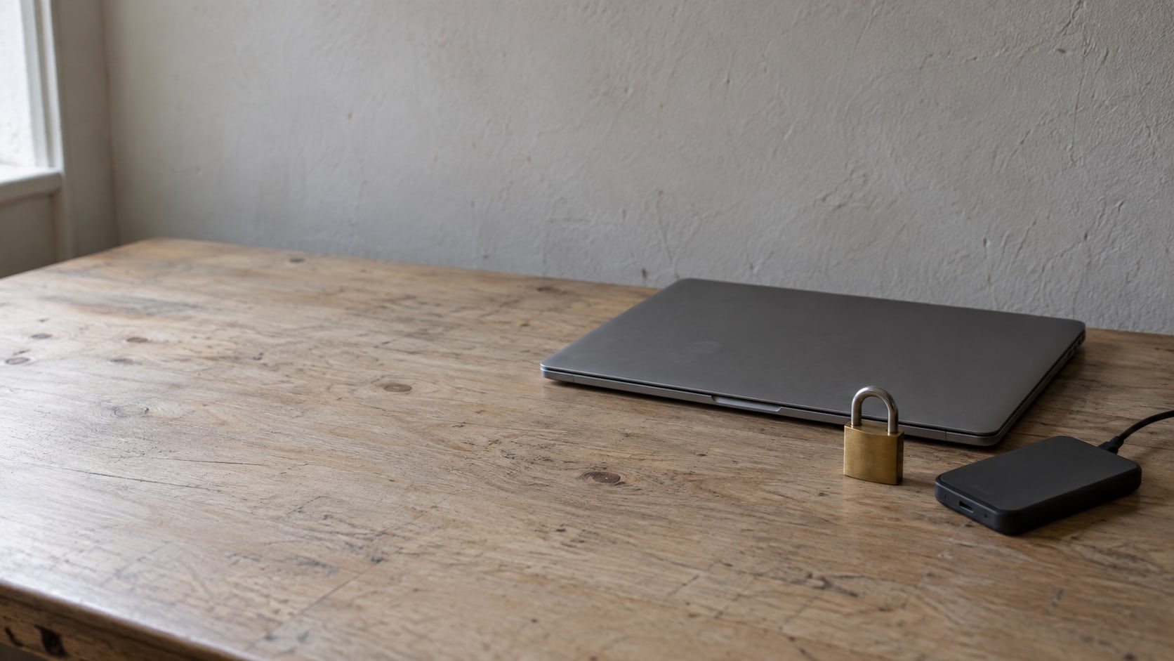 A closed laptop beside a small padlock and an external backup drive on a plain wooden desk.