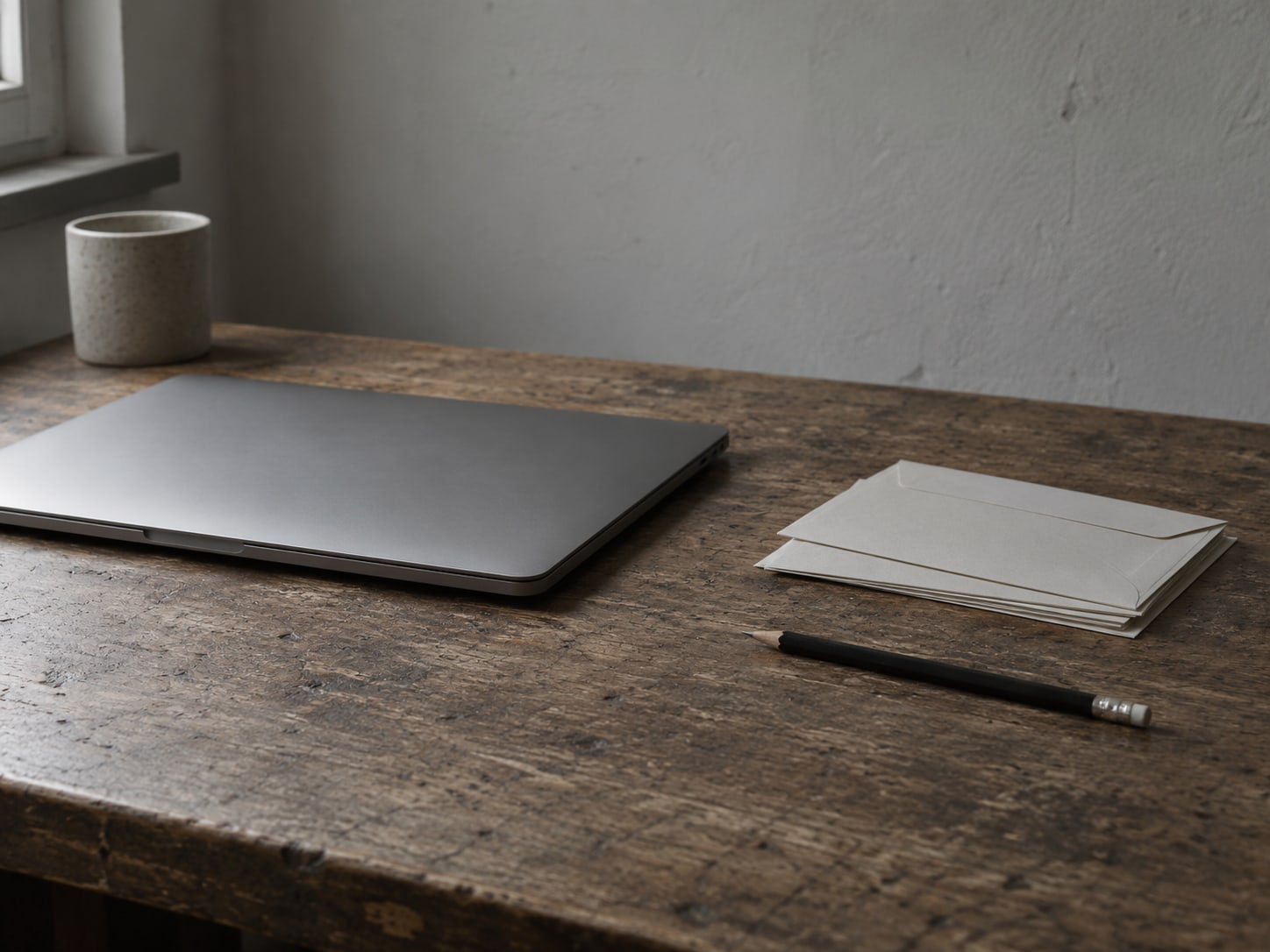 A closed laptop beside a small stack of unopened envelopes and a pencil on a worn wooden desk.