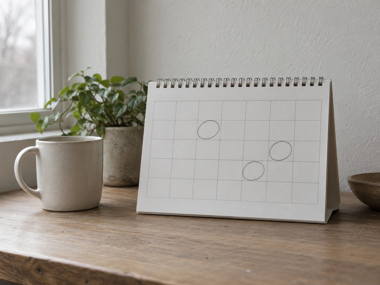 A wall calendar on a desk with three squares circled in pencil, next to a mug and a small plant.
