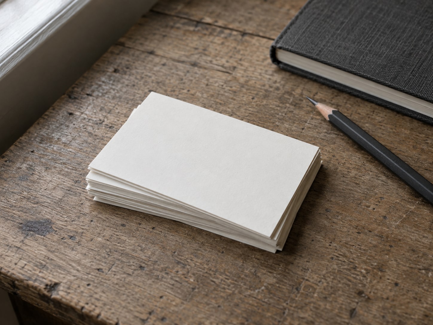 A small stack of blank cards on a wooden counter beside a pencil and a closed notebook, ready to be sorted into topics.