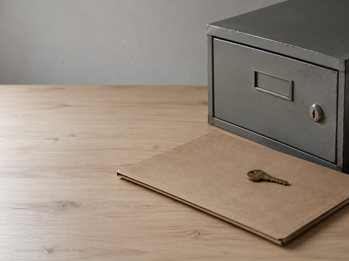 A locked metal filing drawer with a brass key resting on top of a closed cardboard folder on a plain desk.