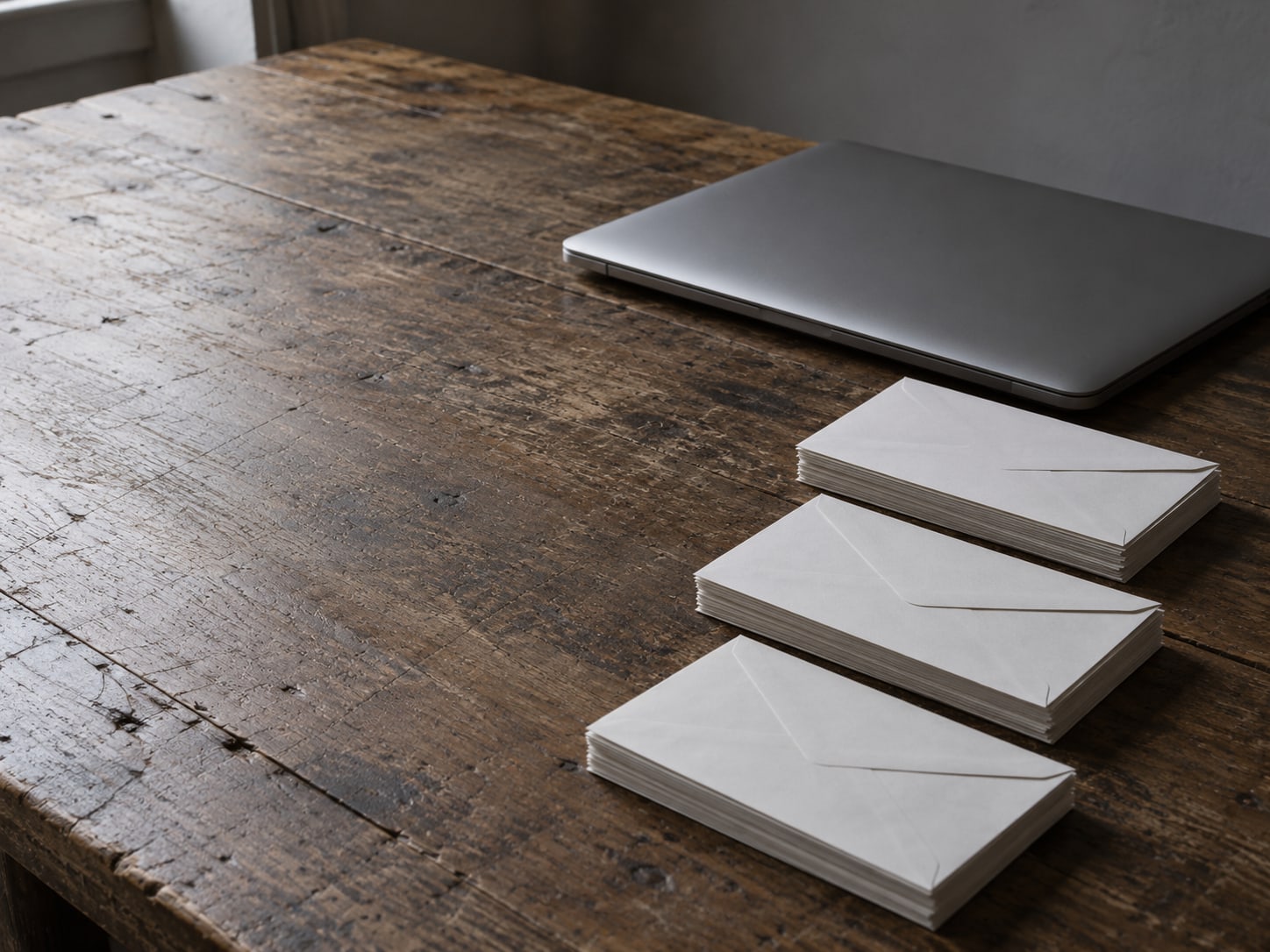 A closed laptop beside a small stack of unopened envelopes sorted into three neat piles on a worn wooden desk.