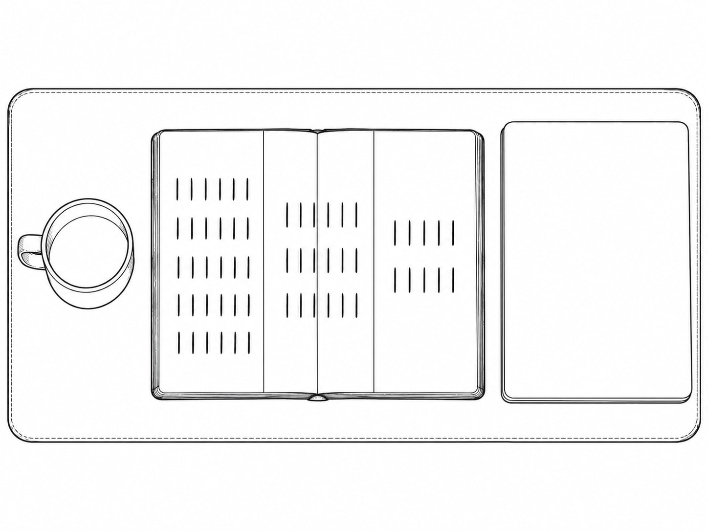 An open notebook with three columns of pencil tick marks on a desk, beside a coffee mug and a closed laptop.