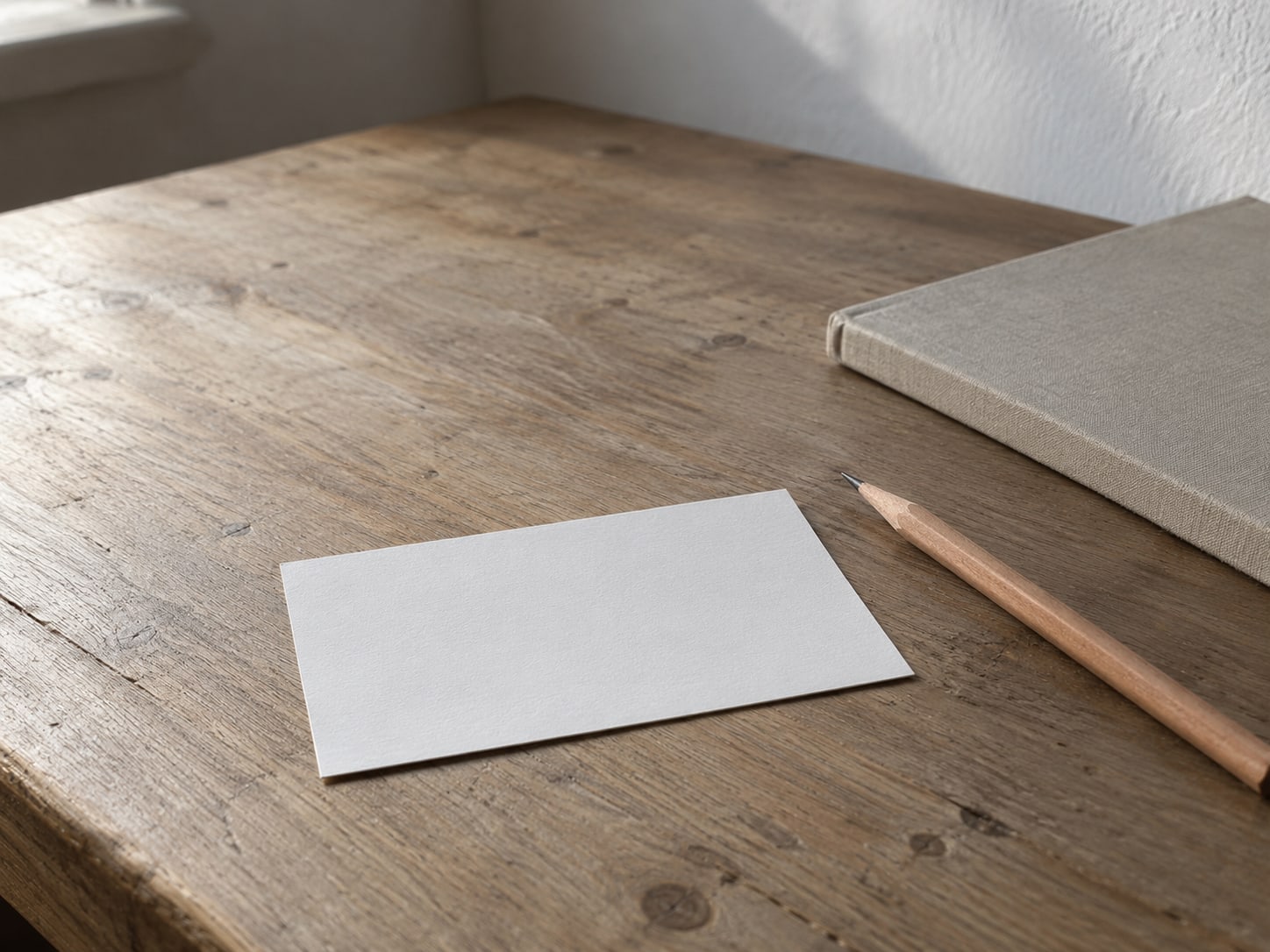 Una tarjeta de índice en blanco y un lápiz afilado sobre un escritorio de madera sin barniz, junto a una libreta cerrada.
