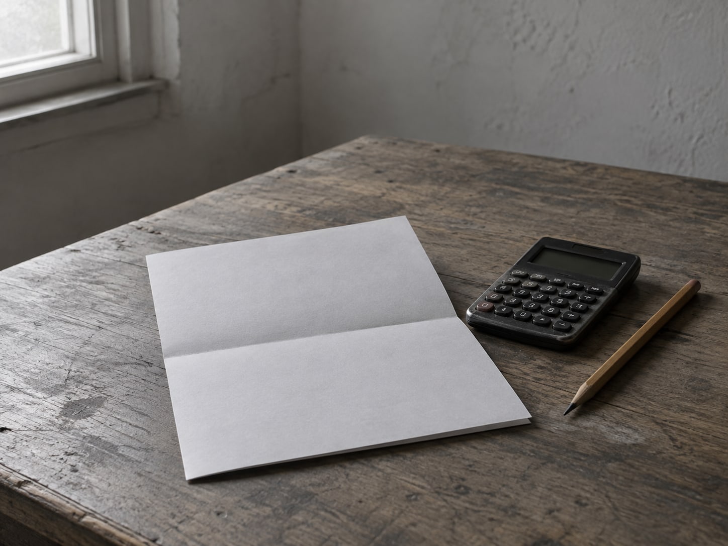 A blank folded paper statement beside a pocket calculator with a dark screen and a sharpened pencil on a wooden workbench.