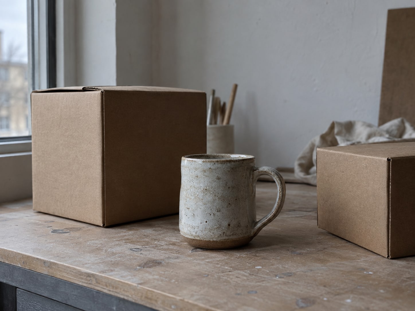 A handmade ceramic mug set between two plain kraft shipping boxes on a craft table near a window.