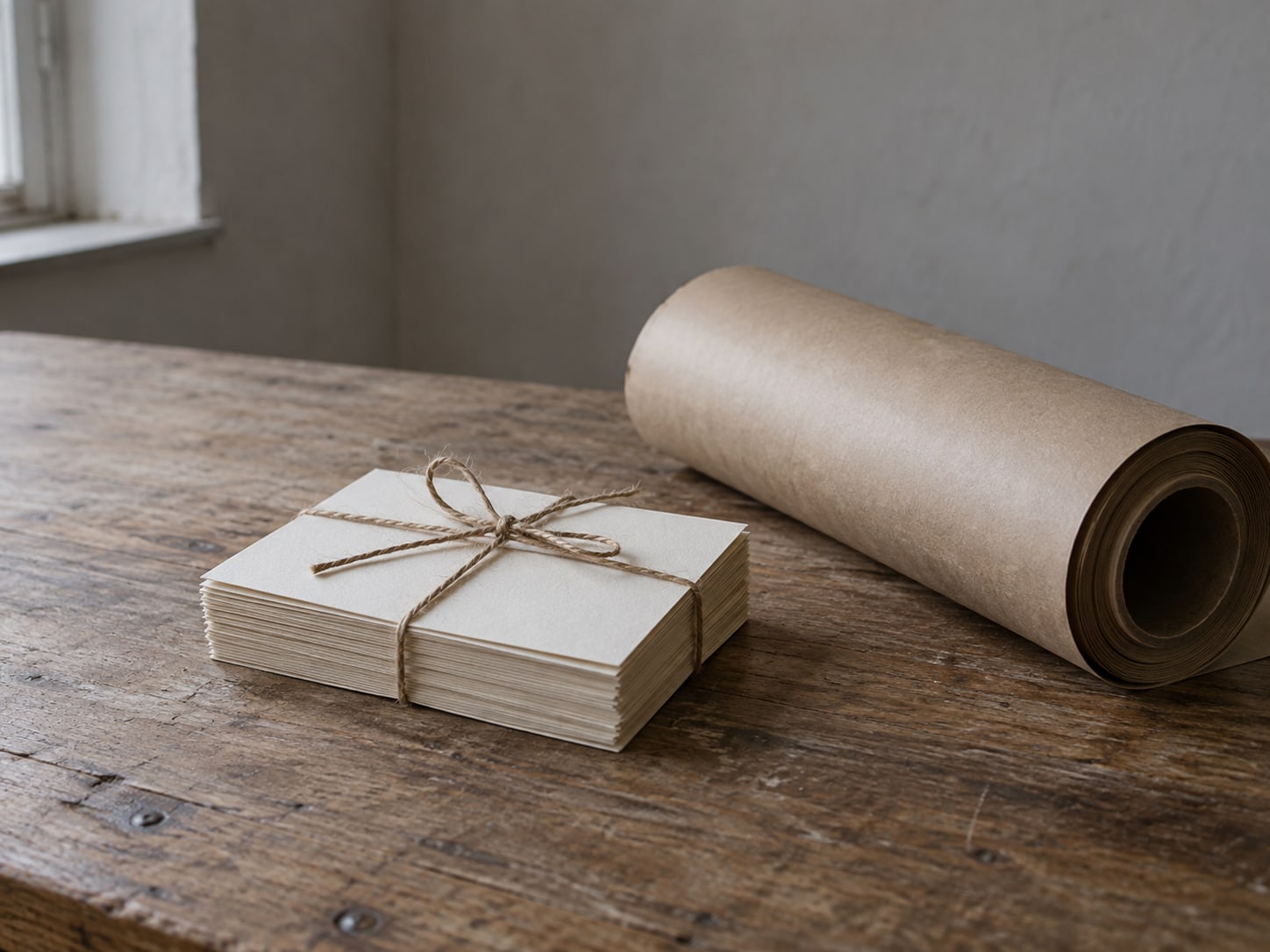 A small stack of blank cream note cards tied with twine next to a roll of brown packing paper on a wooden table.
