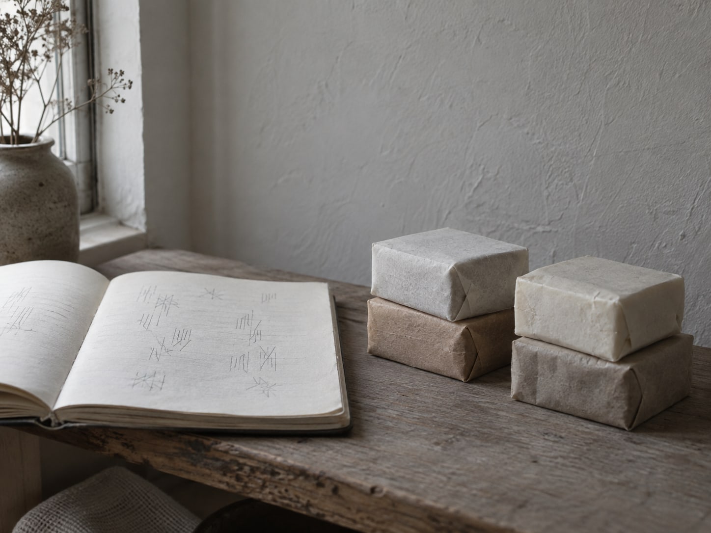 An open notebook with faint unreadable pencil tally marks beside two small stacks of paper-wrapped handmade soaps on a shelf.