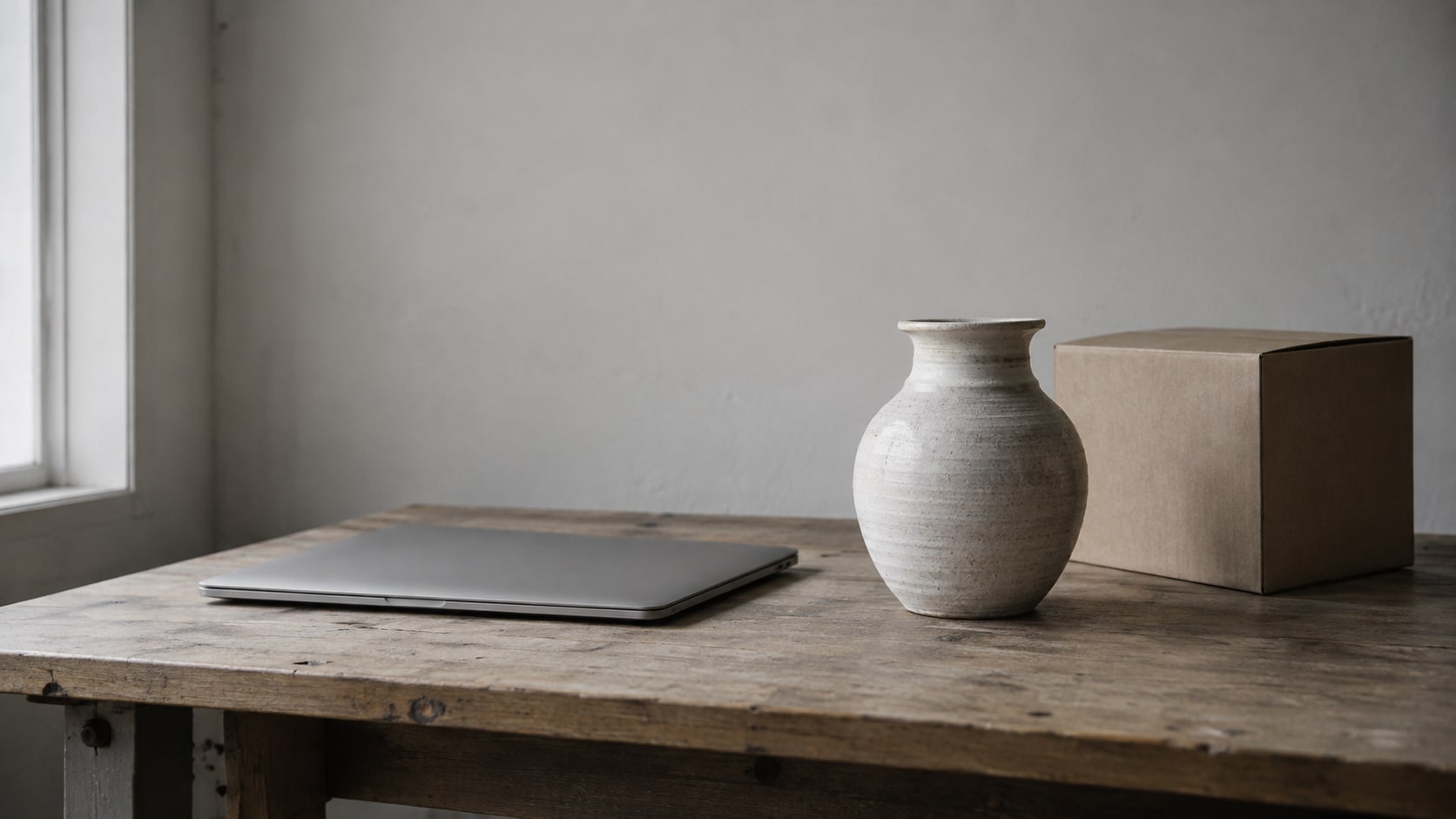 A handmade ceramic vase on a wooden workbench beside a plain kraft shipping box and a closed laptop.