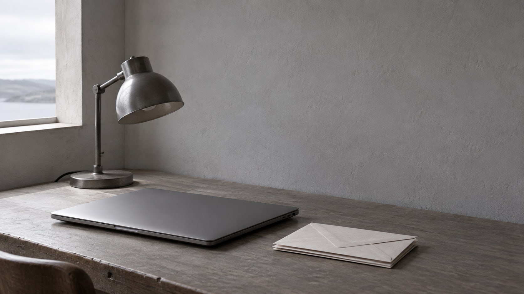 A closed laptop beside a small stack of unopened envelopes and a switched-off desk lamp on a gray desk.