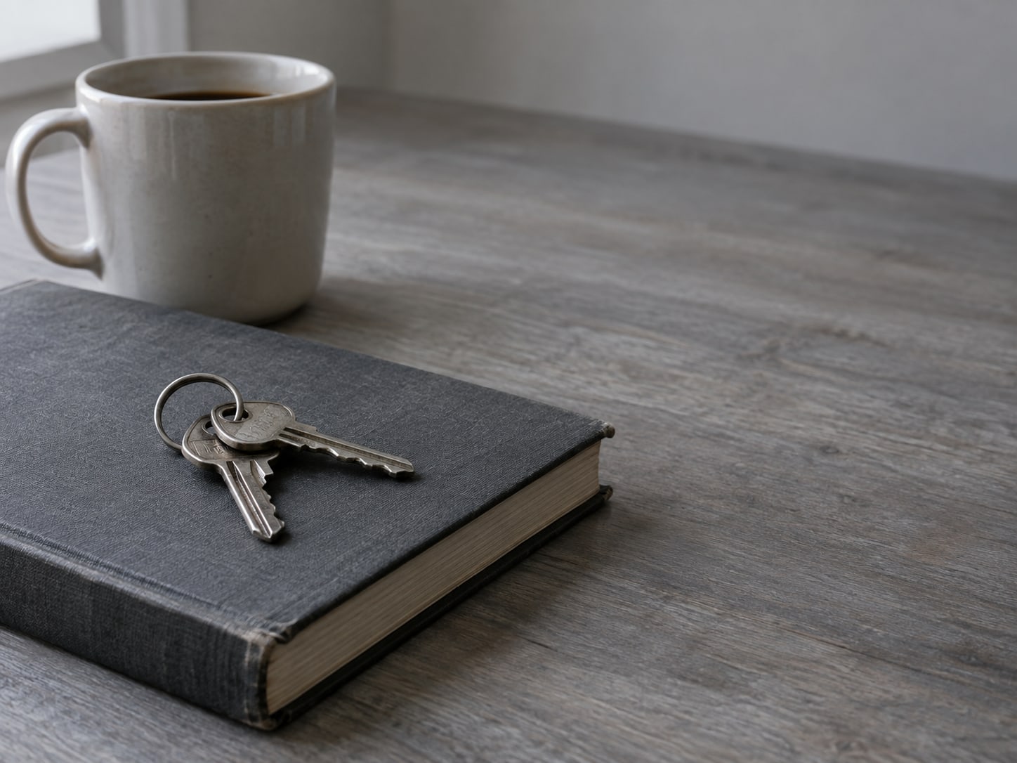 A ring of keys lying on a closed ledger book on a clean desk, with a coffee mug in soft window light.